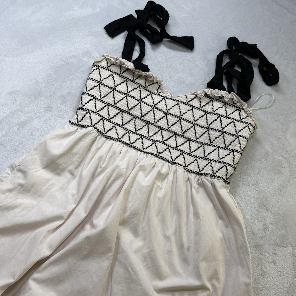 Audrey Parks Francesca's Dress Smocked Tie Strap Cream Midi S